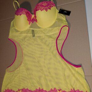 NWT Neon Yellow/PInk Sheer Mesh Lingerie Bodysuit Size 3X